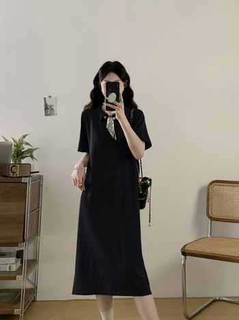 Plusz méret nyári polo galléros T-shirt ruha, rövid ujjú, A-vonalú maxi, egyszínű, viszkóz