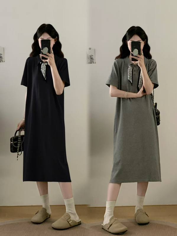 Plusz méret nyári polo galléros T-shirt ruha, rövid ujjú, A-vonalú maxi, egyszínű, viszkóz