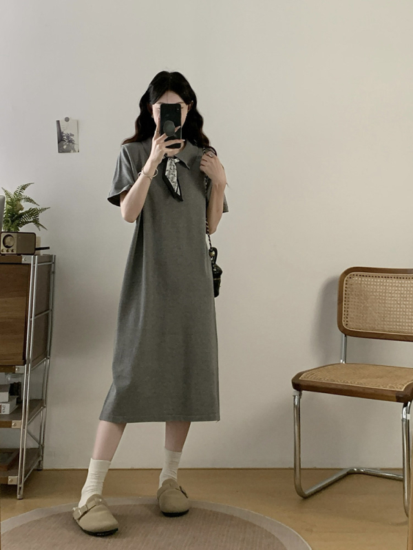 Plusz méret nyári polo galléros T-shirt ruha, rövid ujjú, A-vonalú maxi, egyszínű, viszkóz