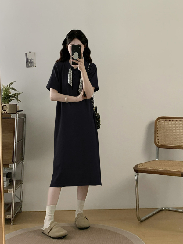 Plusz méret nyári polo galléros T-shirt ruha, rövid ujjú, A-vonalú maxi, egyszínű, viszkóz