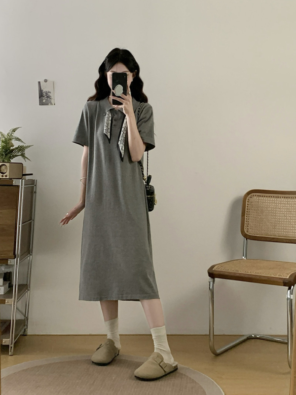 Plusz méret nyári polo galléros T-shirt ruha, rövid ujjú, A-vonalú maxi, egyszínű, viszkóz