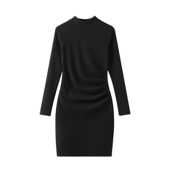 Fekete női kötött bodycon ruha, őszi-téli, kis méret, 2026 új stílus, karcsú szabás, állnyakú, hosszú ujjak, rövid ceruzaszoknya