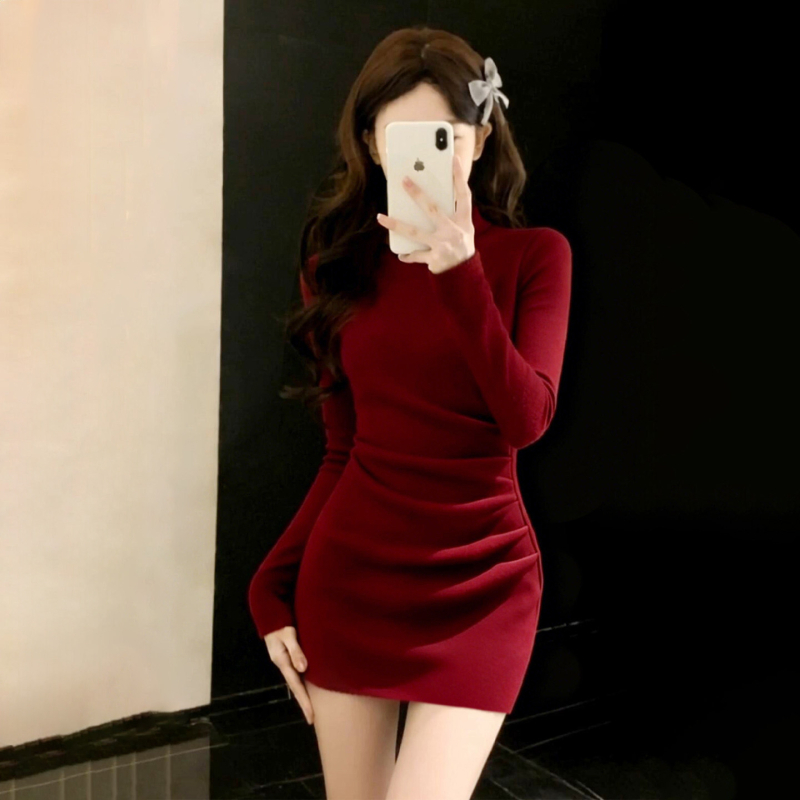 Fekete női kötött bodycon ruha, őszi-téli, kis méret, 2026 új stílus, karcsú szabás, állnyakú, hosszú ujjak, rövid ceruzaszoknya