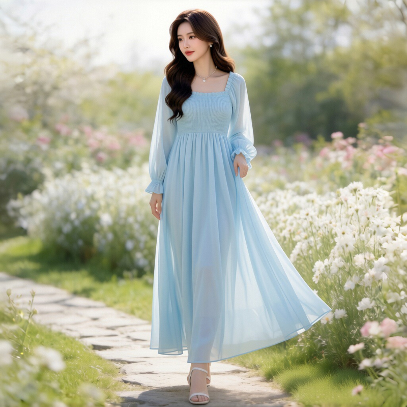 Fehér sifon maxi ruha egy vállú, hosszú ujjú, francia elegáns, friss stílus