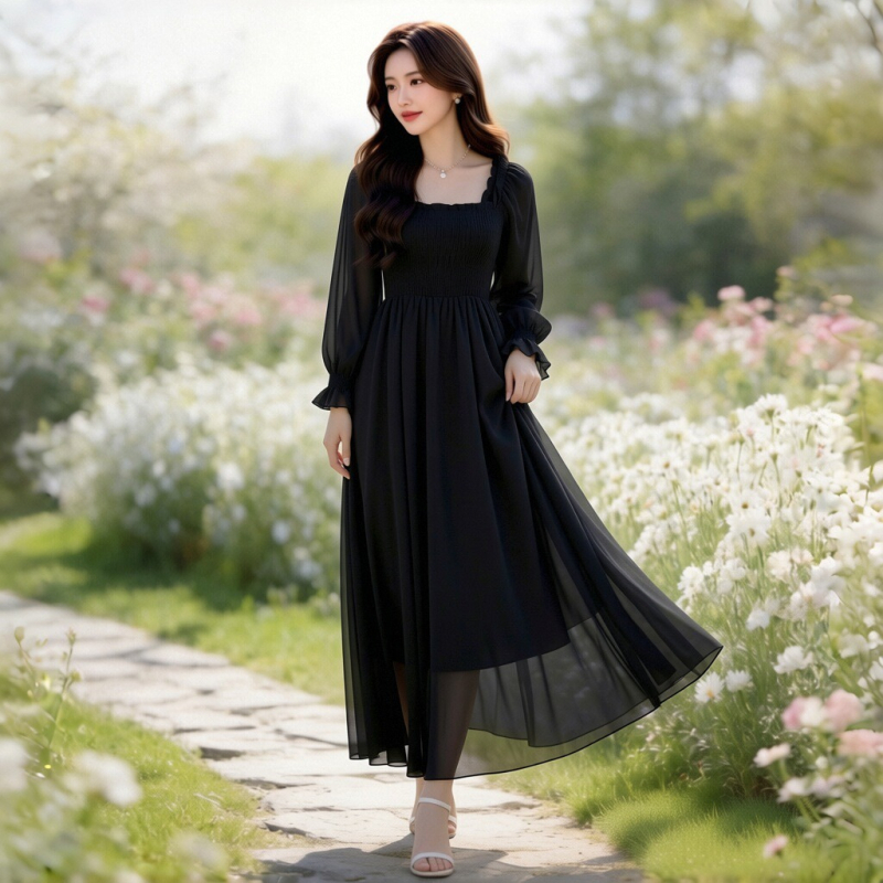 Fehér sifon maxi ruha egy vállú, hosszú ujjú, francia elegáns, friss stílus