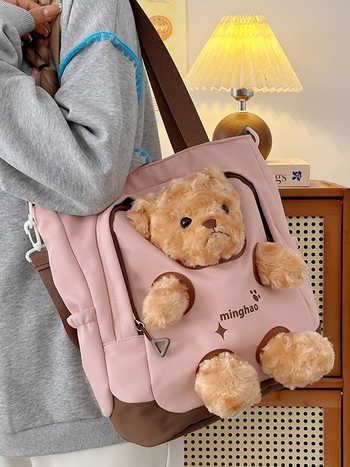 Geantă din pânză cu ursuleț pluș, capacitate mare, tote crossbody pentru fete