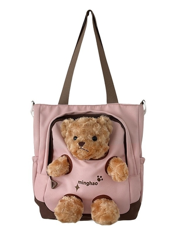 Geantă din pânză cu ursuleț pluș, capacitate mare, tote crossbody pentru fete