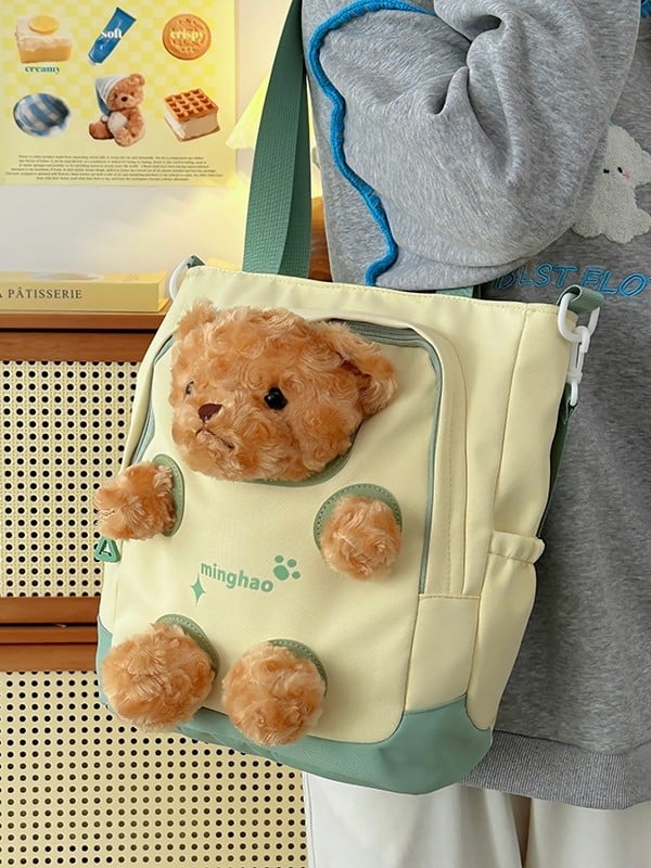 Geantă din pânză cu ursuleț pluș, capacitate mare, tote crossbody pentru fete