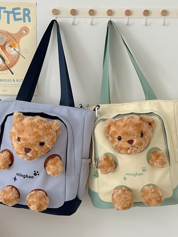 Geantă din pânză cu ursuleț pluș, capacitate mare, tote crossbody pentru fete