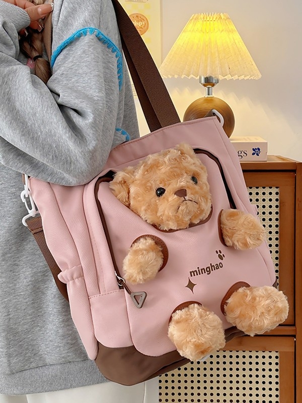 Geantă din pânză cu ursuleț pluș, capacitate mare, tote crossbody pentru fete