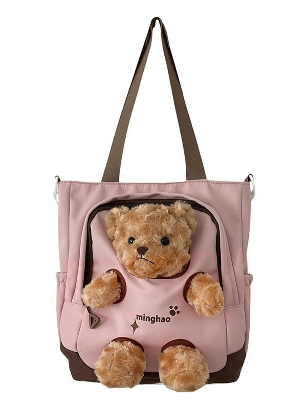 Geantă din pânză cu ursuleț pluș, capacitate mare, tote crossbody pentru fete