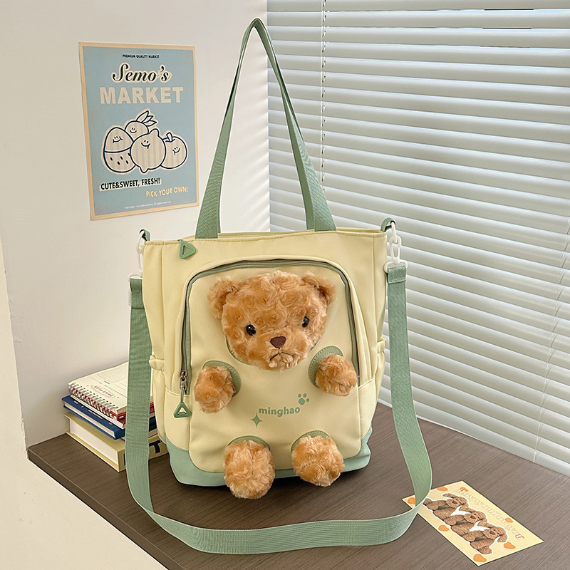 Geantă din pânză cu ursuleț pluș, capacitate mare, tote crossbody pentru fete