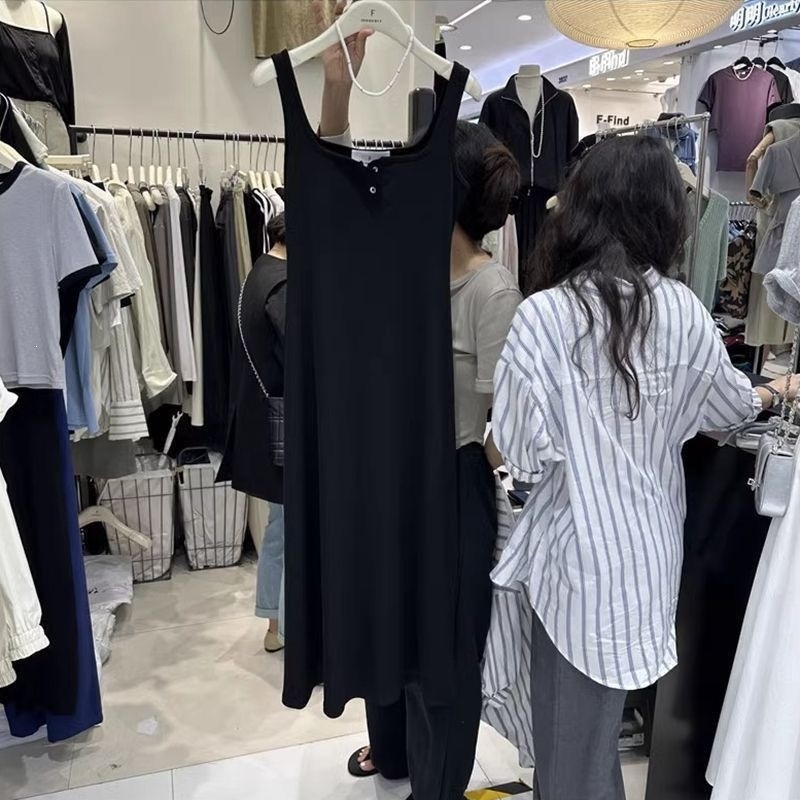 Koreai stílusú vékony Ice Silk ruházat: pántos hálóing, midi hosszúságú, négyszögletes dekoltázs, plusz méret