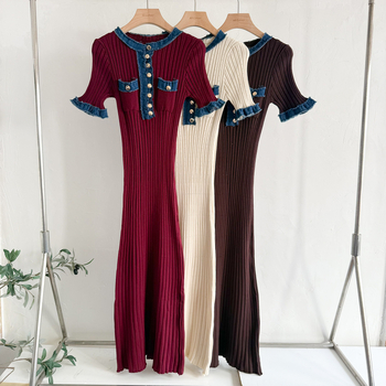 Női denim patchwork kötött hosszú ruha, karcsúsított szabásvonal, rövid ujjú, kerek nyakú