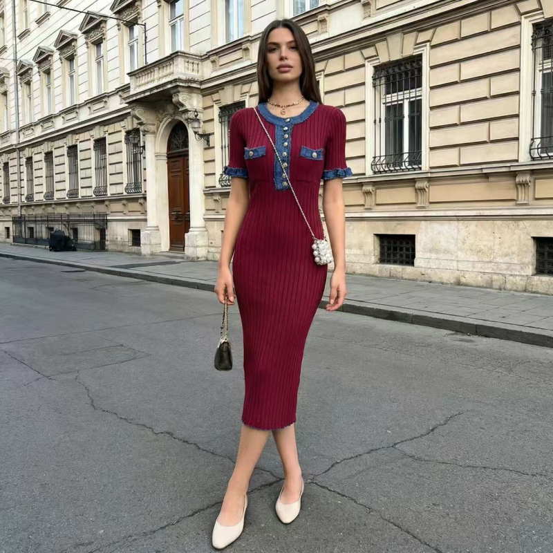 Női denim patchwork kötött hosszú ruha, karcsúsított szabásvonal, rövid ujjú, kerek nyakú