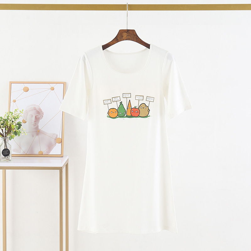 Beépített melltartócsészékkel ellátott ruha, vékony rövid ujjú, koreai stílus, cartoon nyomtatás, közepes hosszúságú