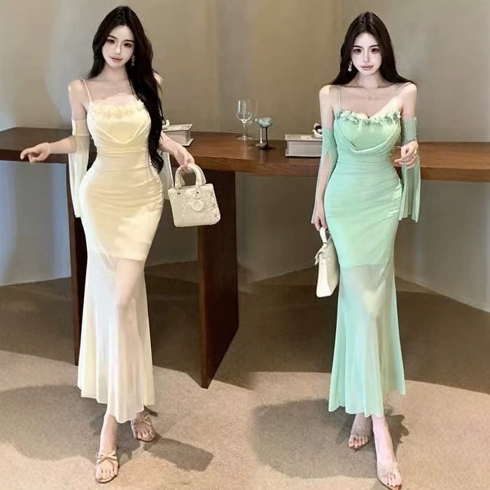 2026 Új zöld virágos ruha pántos kivitelben, kis termetű nőknek, szexi és elegáns fishtail bodycon ruha