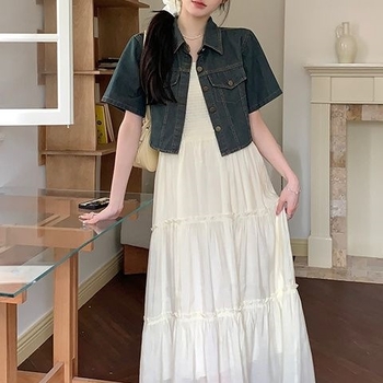 Vintage denimdzseki és spagetti pántos szoknya szett nőknek, nyári divat, két darabból álló szett