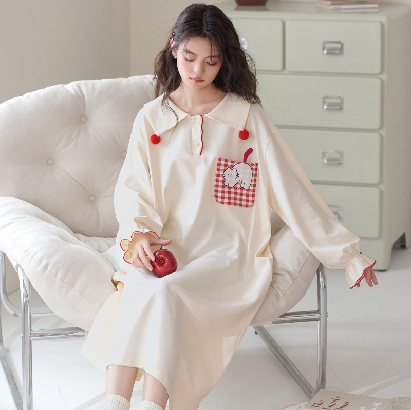Noćna haljina za trudnice s dugim rukavima, 100% pamuk, korejski stil, dugačka zimska haljina
