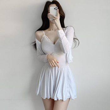 Csipkés camisole ruha és kardigán két részes készlet, hosszú ujjak, V-nyak, magas derék, A-vonalú szabás, irodai viselet