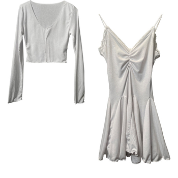 Csipkés camisole ruha és kardigán két részes készlet, hosszú ujjak, V-nyak, magas derék, A-vonalú szabás, irodai viselet