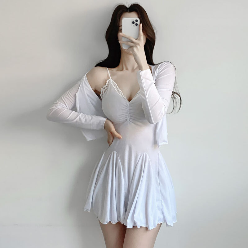Csipkés camisole ruha és kardigán két részes készlet, hosszú ujjak, V-nyak, magas derék, A-vonalú szabás, irodai viselet