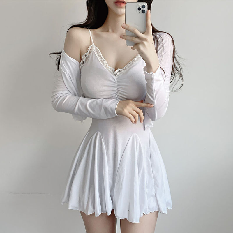 Csipkés camisole ruha és kardigán két részes készlet, hosszú ujjak, V-nyak, magas derék, A-vonalú szabás, irodai viselet