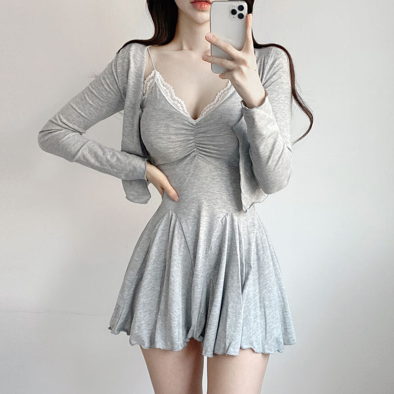 Csipkés camisole ruha és kardigán két részes készlet, hosszú ujjak, V-nyak, magas derék, A-vonalú szabás, irodai viselet