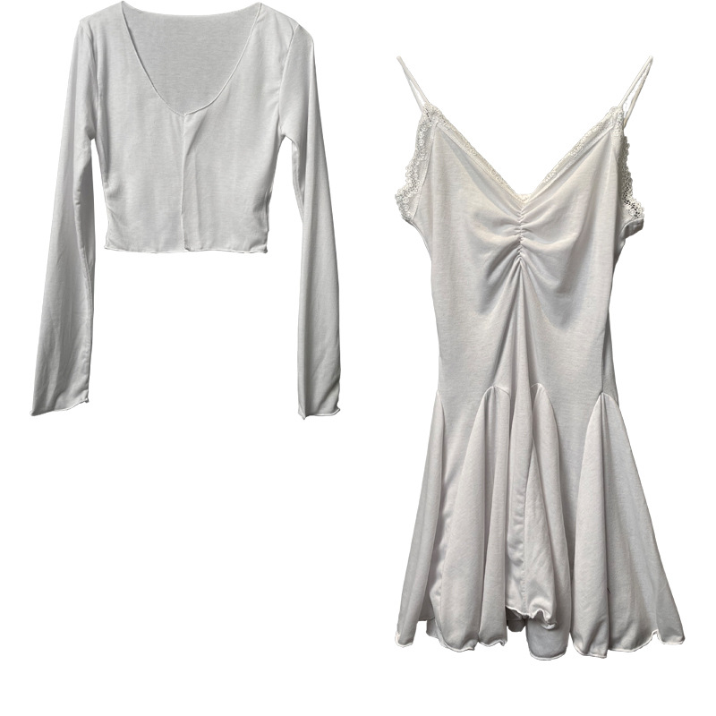 Csipkés camisole ruha és kardigán két részes készlet, hosszú ujjak, V-nyak, magas derék, A-vonalú szabás, irodai viselet