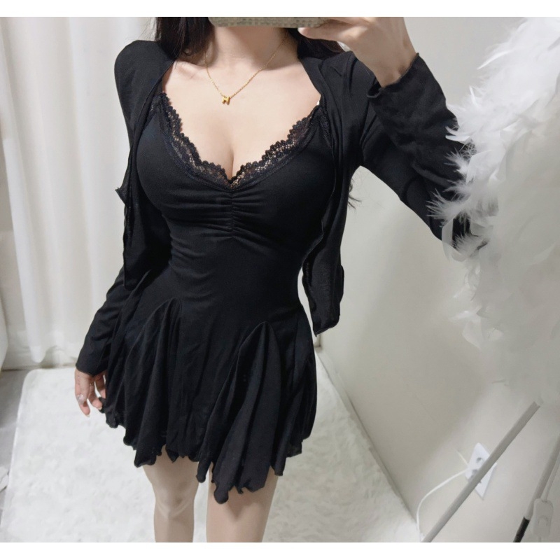Csipkés camisole ruha és kardigán két részes készlet, hosszú ujjak, V-nyak, magas derék, A-vonalú szabás, irodai viselet