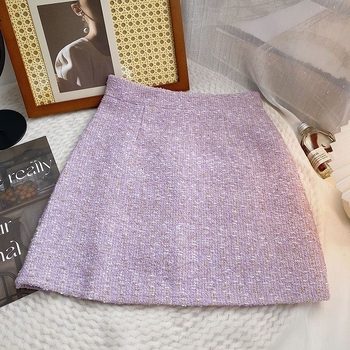 Lila tweed, magas derekú A-vonalú rövid szoknya nőknek, koreai Chanel-stílus inspirált