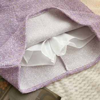 Lila tweed, magas derekú A-vonalú rövid szoknya nőknek, koreai Chanel-stílus inspirált