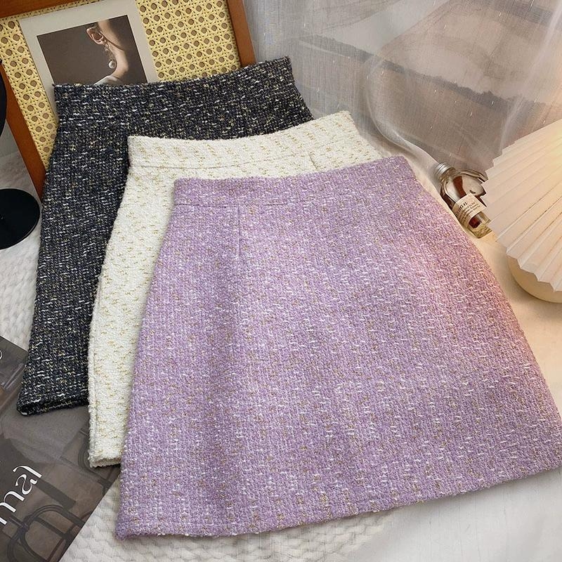 Lila tweed, magas derekú A-vonalú rövid szoknya nőknek, koreai Chanel-stílus inspirált