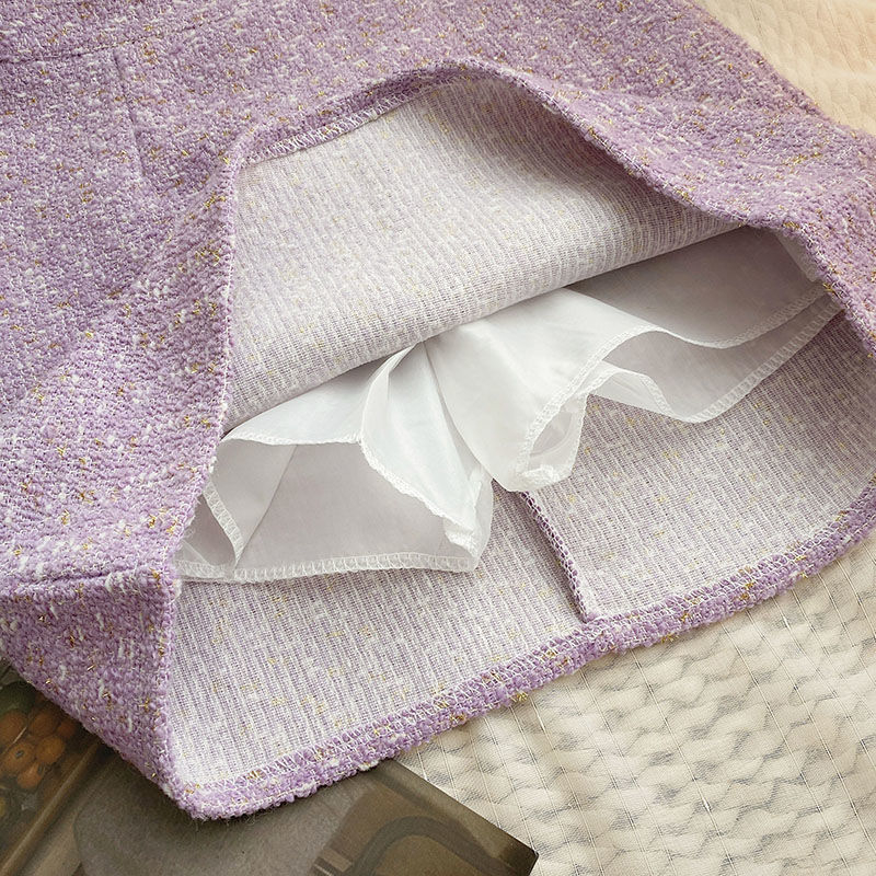Lila tweed, magas derekú A-vonalú rövid szoknya nőknek, koreai Chanel-stílus inspirált