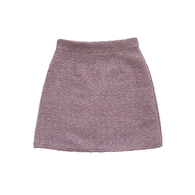Lila tweed, magas derekú A-vonalú rövid szoknya nőknek, koreai Chanel-stílus inspirált