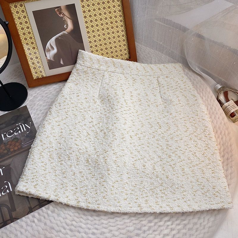 Lila tweed, magas derekú A-vonalú rövid szoknya nőknek, koreai Chanel-stílus inspirált