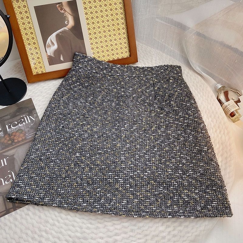 Lila tweed, magas derekú A-vonalú rövid szoknya nőknek, koreai Chanel-stílus inspirált