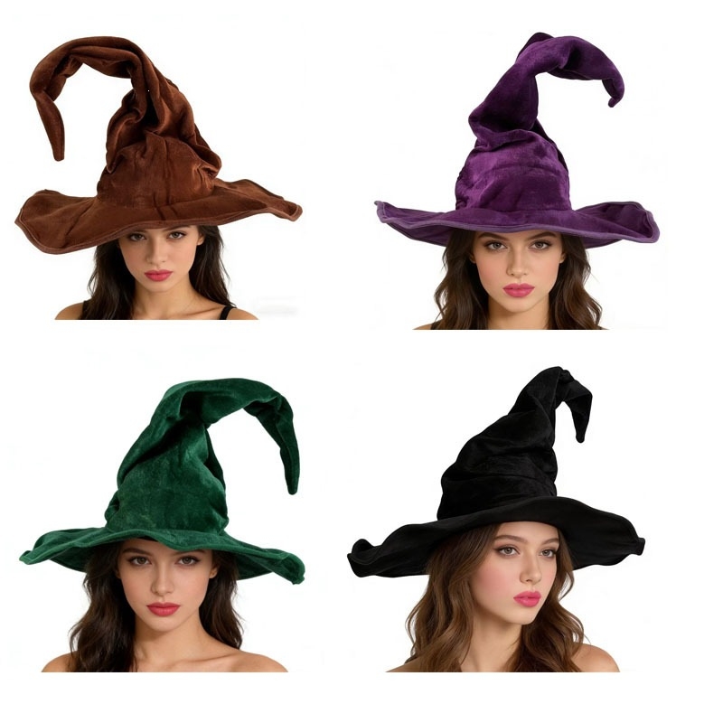 Bársony pliszírozott boszorkánykalap Halloween jelmez rekvizit csavart dizájnnal
