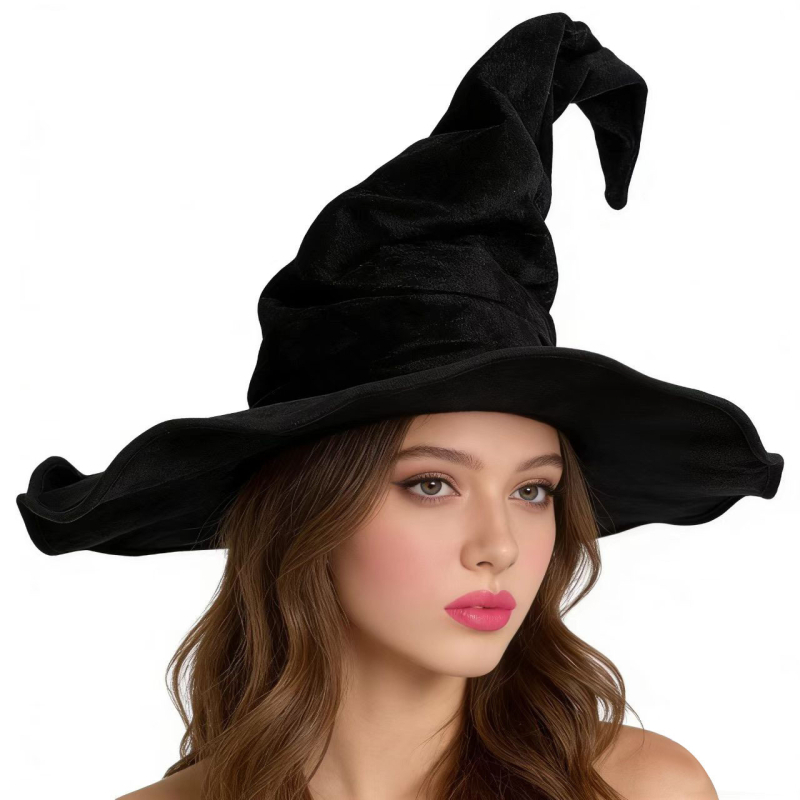 Bársony pliszírozott boszorkánykalap Halloween jelmez rekvizit csavart dizájnnal