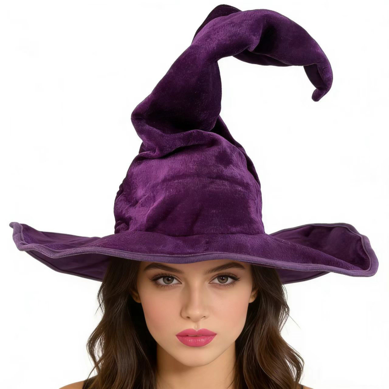 Bársony pliszírozott boszorkánykalap Halloween jelmez rekvizit csavart dizájnnal