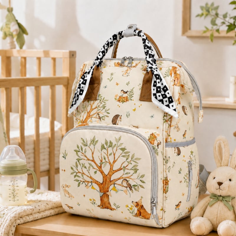 Geantă Forest Series pentru mamă și bebeluș, decorată cu fular de mătase, ușoară și elegantă pentru ieșiri