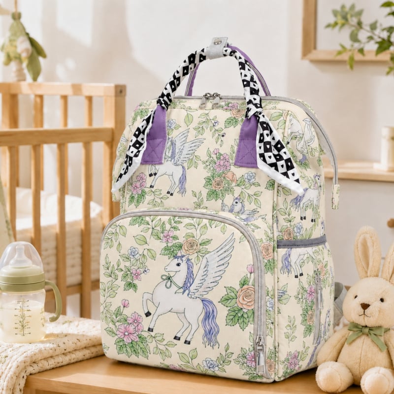 Geantă Forest Series pentru mamă și bebeluș, decorată cu fular de mătase, ușoară și elegantă pentru ieșiri