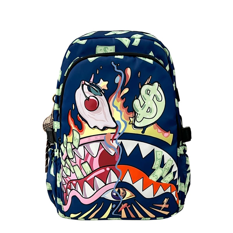 Uniszex hátizsák graffiti cápa motívummal, vízálló, mindennapi használatra, kapacitás kevesebb mint 20 L, 15 colos laptophoz