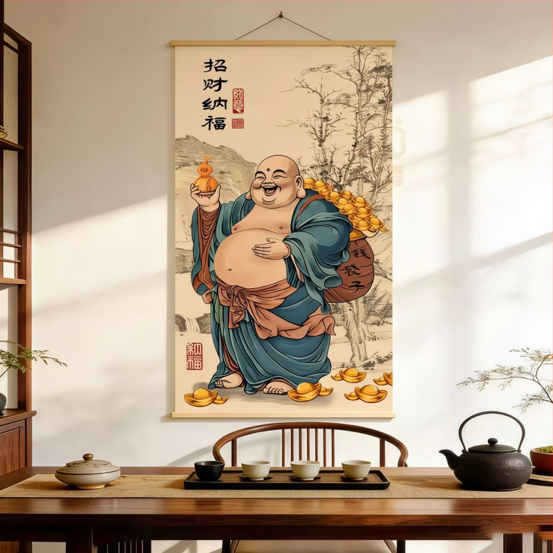 Maitreya Buddha és Bodhisattva portré – nappali falikép, Nevető Buddha, HD nyomat