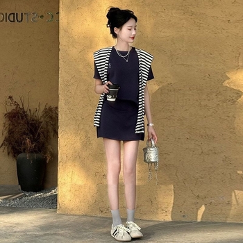 Letný tehotenský set pre drobné postavy, voľný top s krátkym rukávom a sukňou, dvojdielny outfit s prémiovým vzhľadom