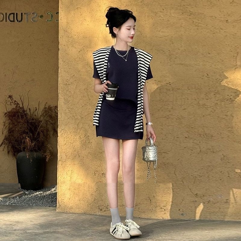 Letný tehotenský set pre drobné postavy, voľný top s krátkym rukávom a sukňou, dvojdielny outfit s prémiovým vzhľadom