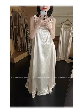 Nyári spagetti pántos szatén slip dress csipkés szegéllyel, koreai stílusú, gyengéd megjelenés