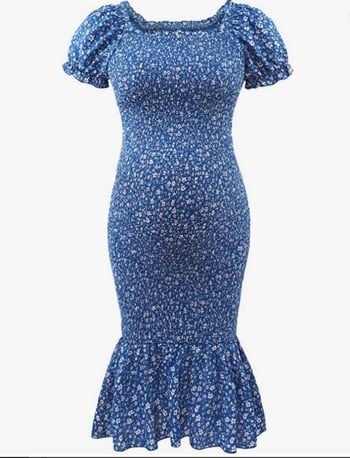 Rochie de maternitate de vară imprimată, croi midi, mâneci bufante, decolteu pătrat, plisare, tiv în formă de coadă de pește - 1221