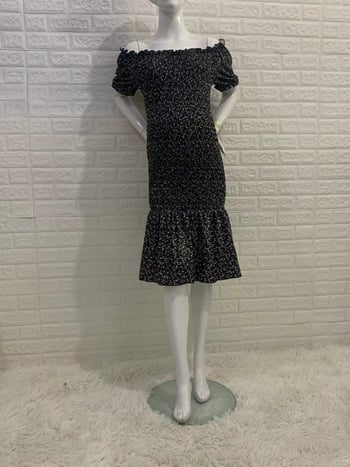 Rochie de maternitate de vară imprimată, croi midi, mâneci bufante, decolteu pătrat, plisare, tiv în formă de coadă de pește - 1221