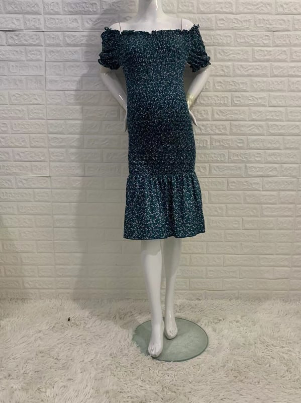 Rochie de maternitate de vară imprimată, croi midi, mâneci bufante, decolteu pătrat, plisare, tiv în formă de coadă de pește - 1221